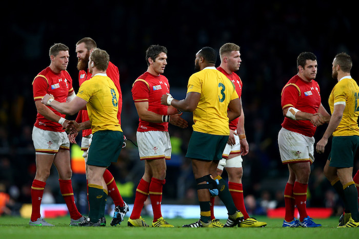 LONDON, ENGLAND - OCTOBER 10: The players shake hands after the 2015 Rugby World Cup Pool A match between Australia and Wales at Twickenham Stadium on October 10, 2015 in London, United Kingdom. (Photo by Paul Gilham/Getty Images)