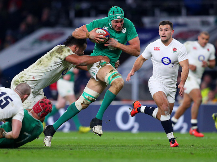 LONDON, ENGLAND - FEBRUARY 27: Ultan Dillane of Ireland is tackled short of the tryline during the RBS Six Nations match between England and Ireland at Twickenham Stadium on February 27, 2016 in London, England. (Photo by Clive Mason/Getty Images)