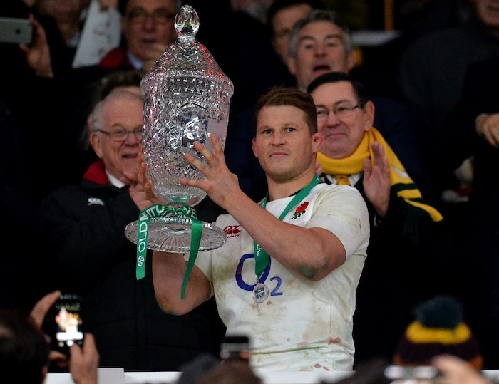 LONDON, ENGLAND - DECEMBER 03: Dylan Hartley of England lifts the trophy after the final whistle during the Old Mutual Wealth Series match between England and Australia at Twickenham Stadium on December 3, 2016 in London, England. (Photo by Dan Mullan/Getty Images)