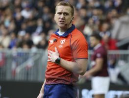 World Rugby: Referee Damon Murphy looks on during a game.