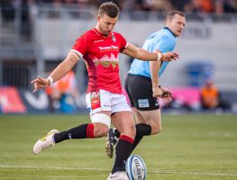 Leicester Tigers fly-half Handre Pollard kicks the ball during their Premiership clash agianst Saracens.