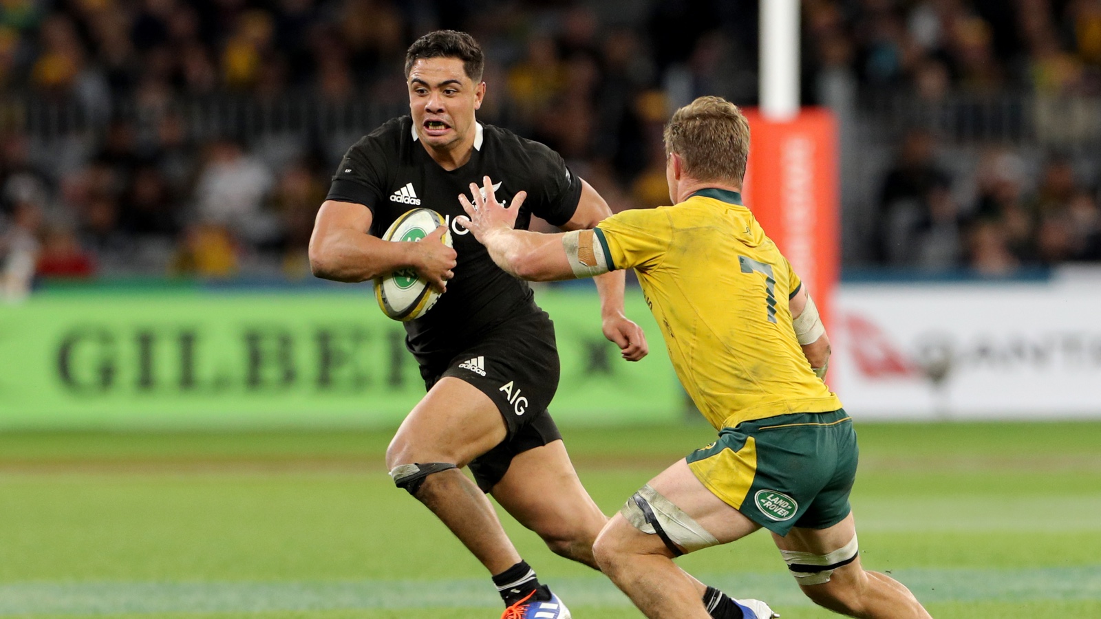 Anton Lienert-Brown on the charge for the All Blacks in a Test against the Wallabies.