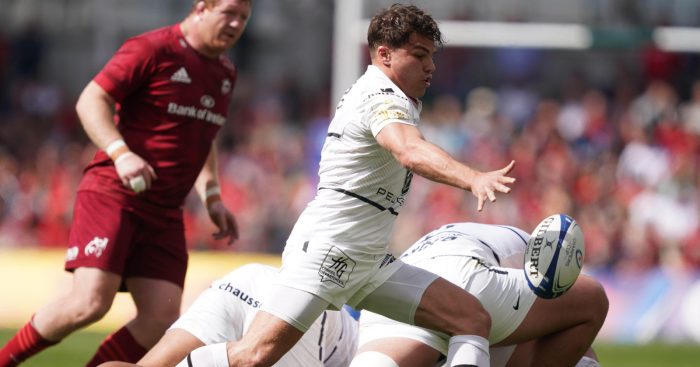 Antoine Dupont kicks for a 50:22 for Toulouse.