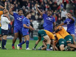 France celebrate winning a penalty against the Wallabies in the Autumn Nations Series.