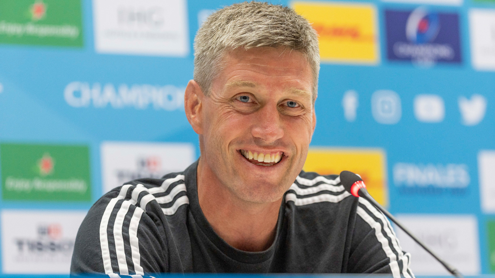 La Rochelle head coach Ronan O'Gara smiles during a press conference.