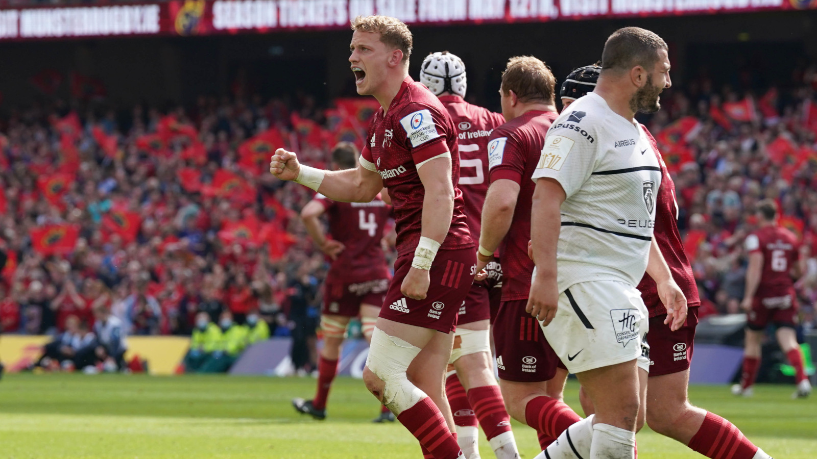 Munster's Mike Haley celebrates against Toulouse.