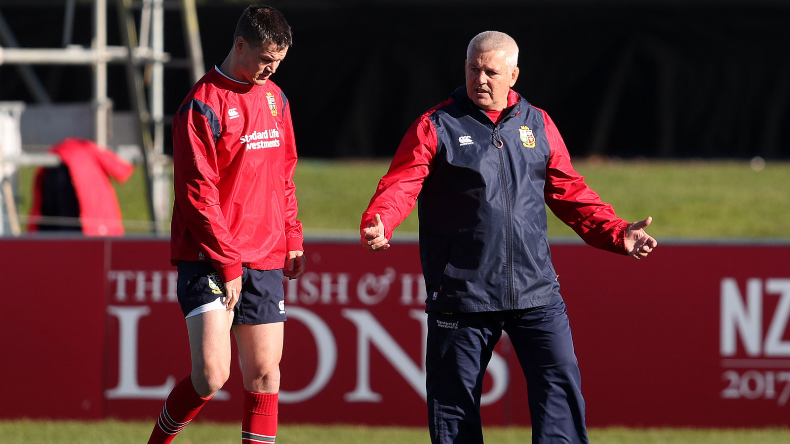 British & Irish Lions Jonny Sexton with Warren Gatland during the Captain's Run at the Linwood Rugby Club Christchurch.