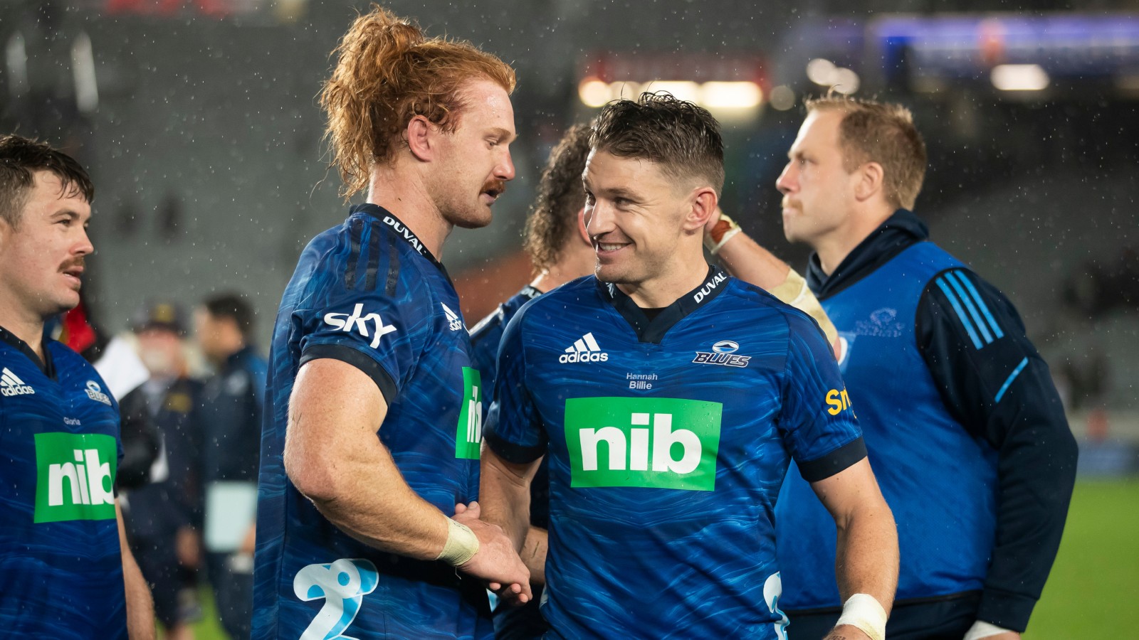 Super Rugby Pacific: Blues star Tom Robinson and Beauden Barrett embrace after the game