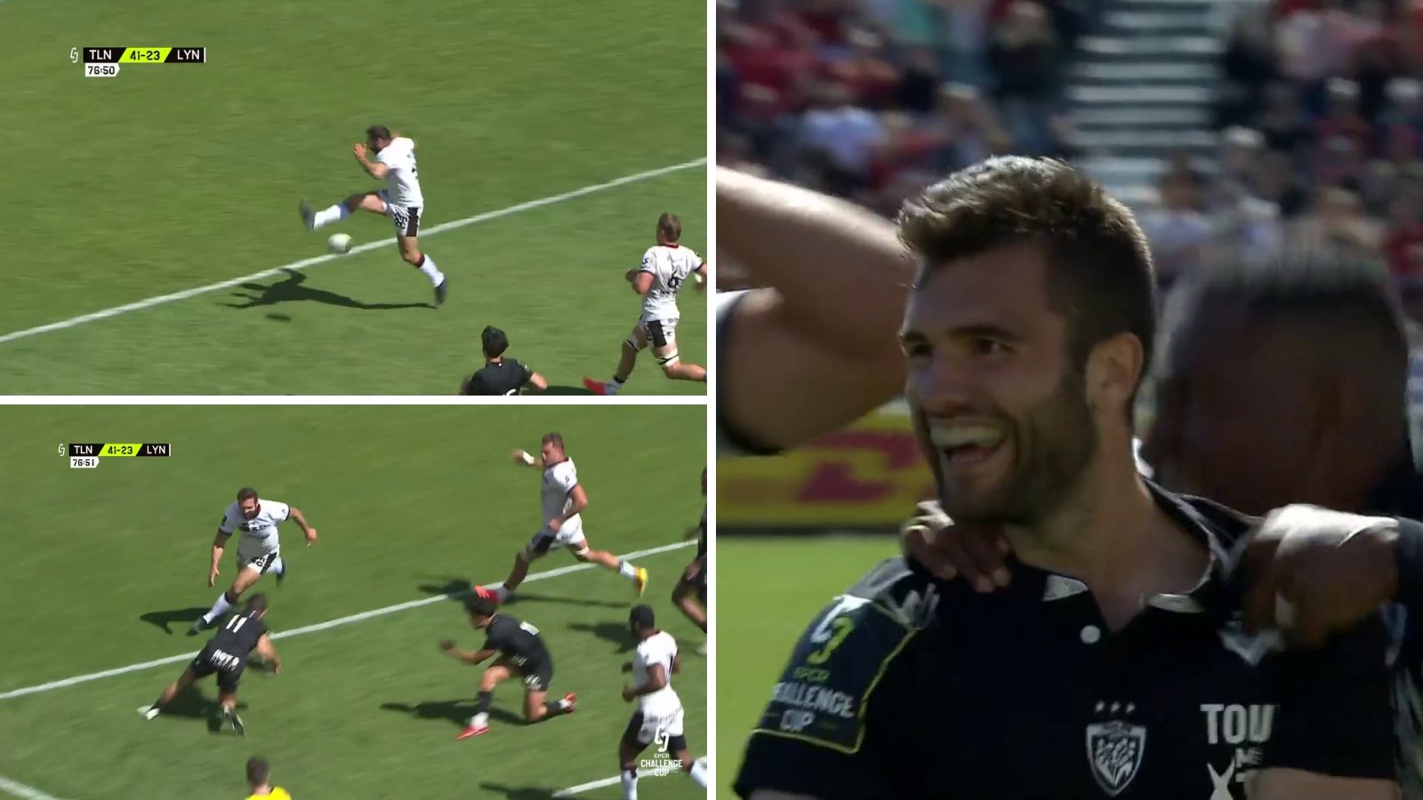 Toulon eased past Lyon 48-23 in the quarter-finals of the Challenge Cup, scoring seven tries, including one gifted to Aymeric Luc by Thibaut Regard.