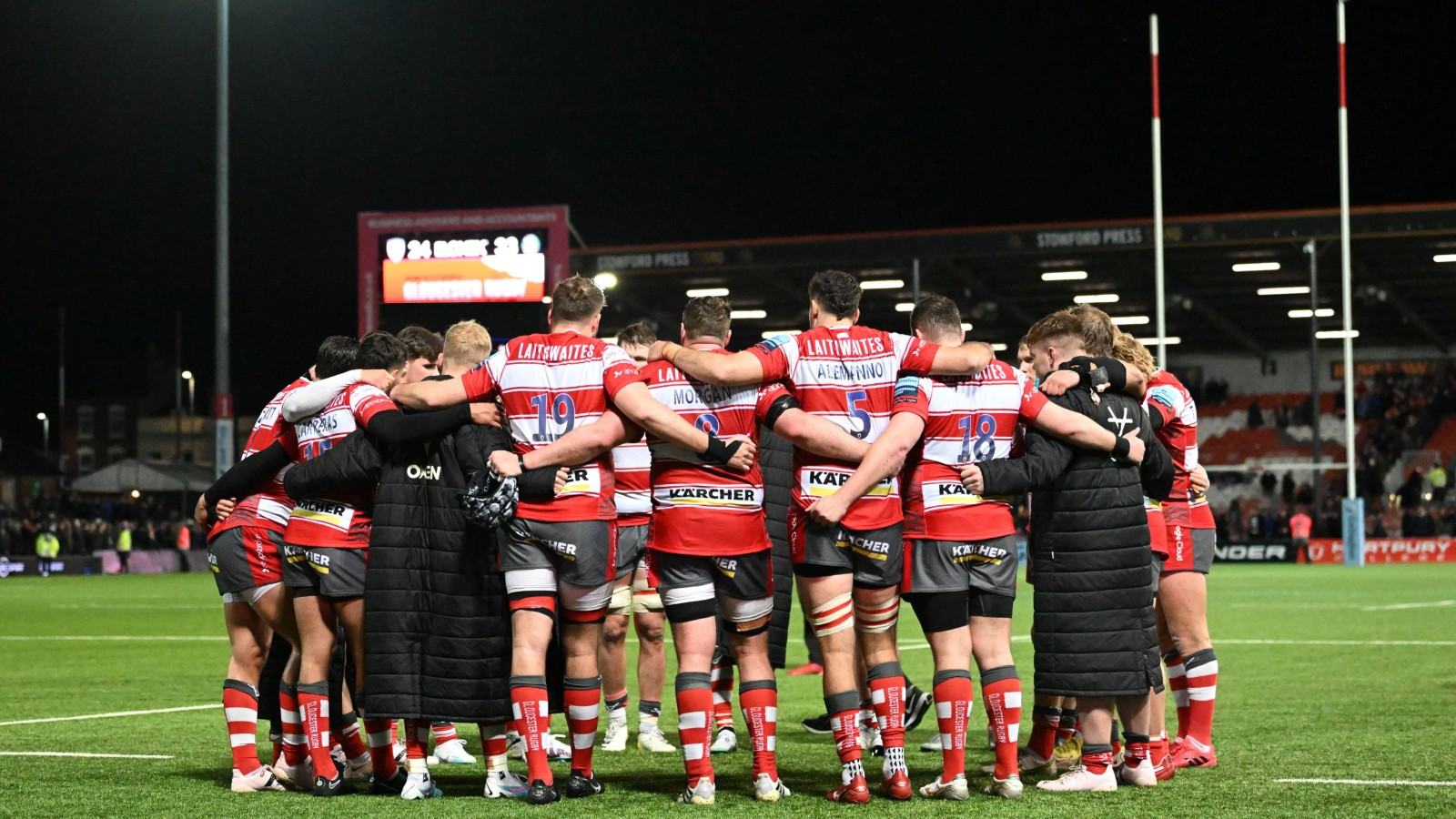 Gloucester huddle after a premiership game
