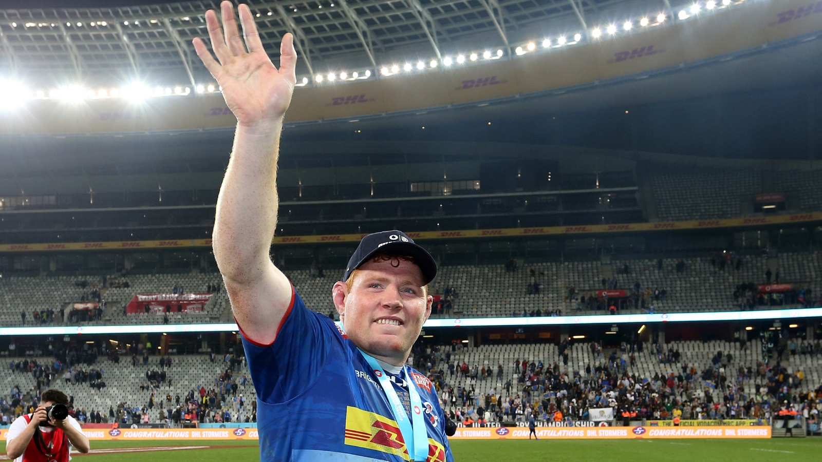 Stormers captain Steven Kitshoff waves to fans after winning the United Rugby Championship