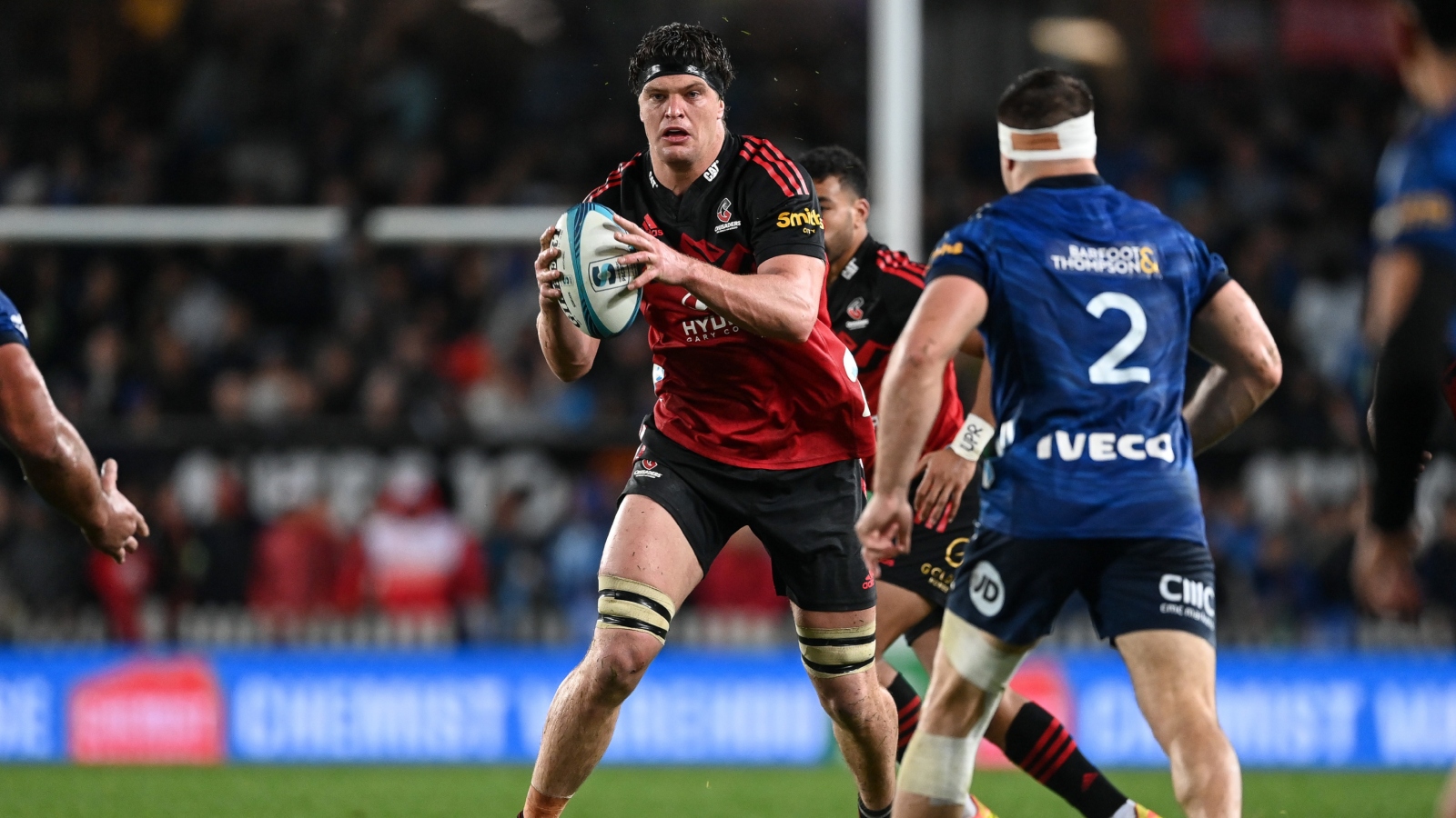 Super Rugby Pacific: Scott Barrett with ball in hand for the Crusaders against the Blues