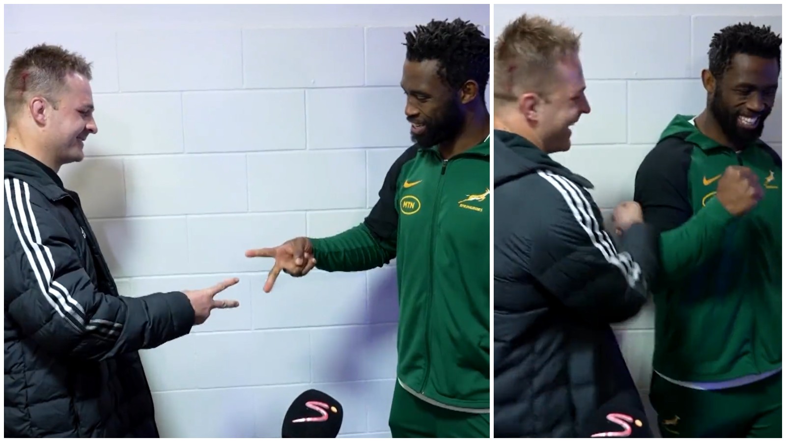 Sam Cane and Siya Kolisi play rock, paper scissors.
