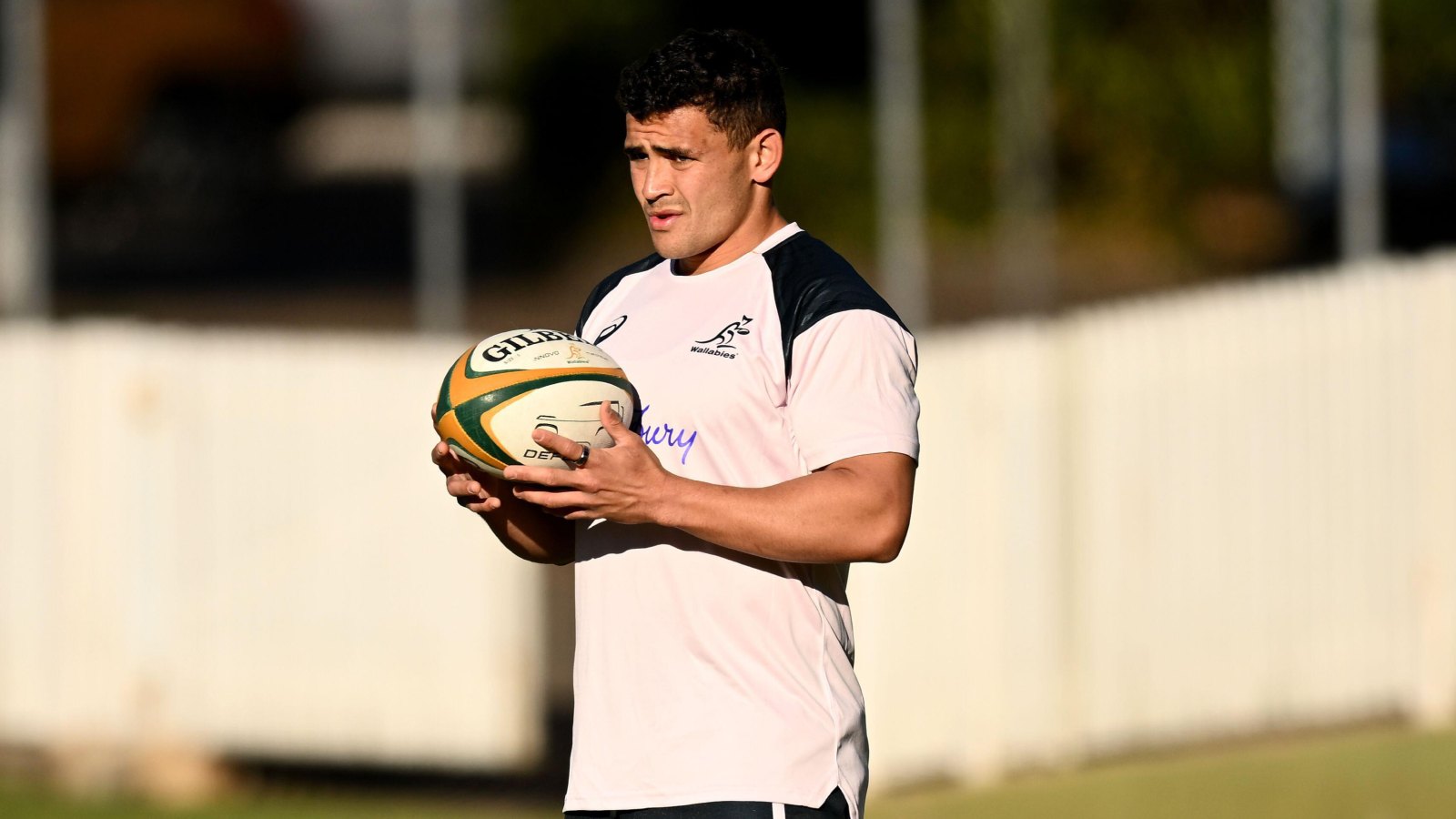 Wallaby centre Izaia Perese looks on during a training session.