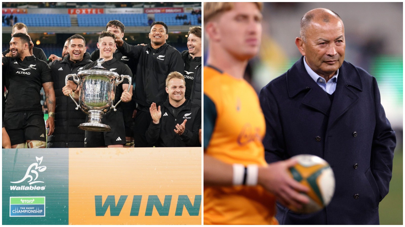 All Blacks celebrate with Bledisloe Cup while Eddie Jones looks on.