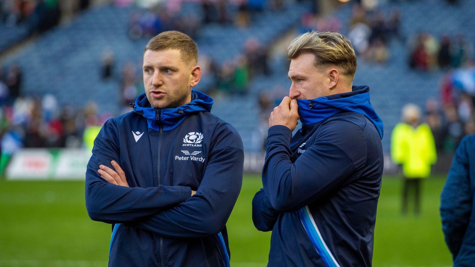 Dejected Scotland full back Stuart Hogg (right) speaks with Finn Russell after the final whistle during the Scotland v Ireland, BT Murrayfield, Edinburgh