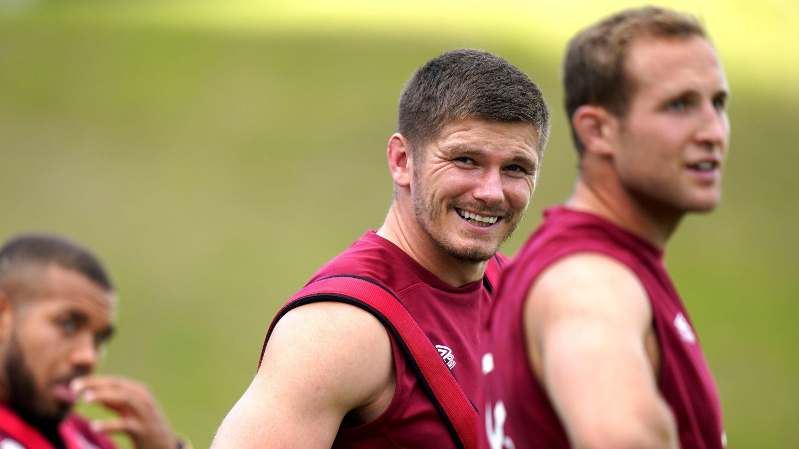 England's captain Owen Farrell looks on during training.
