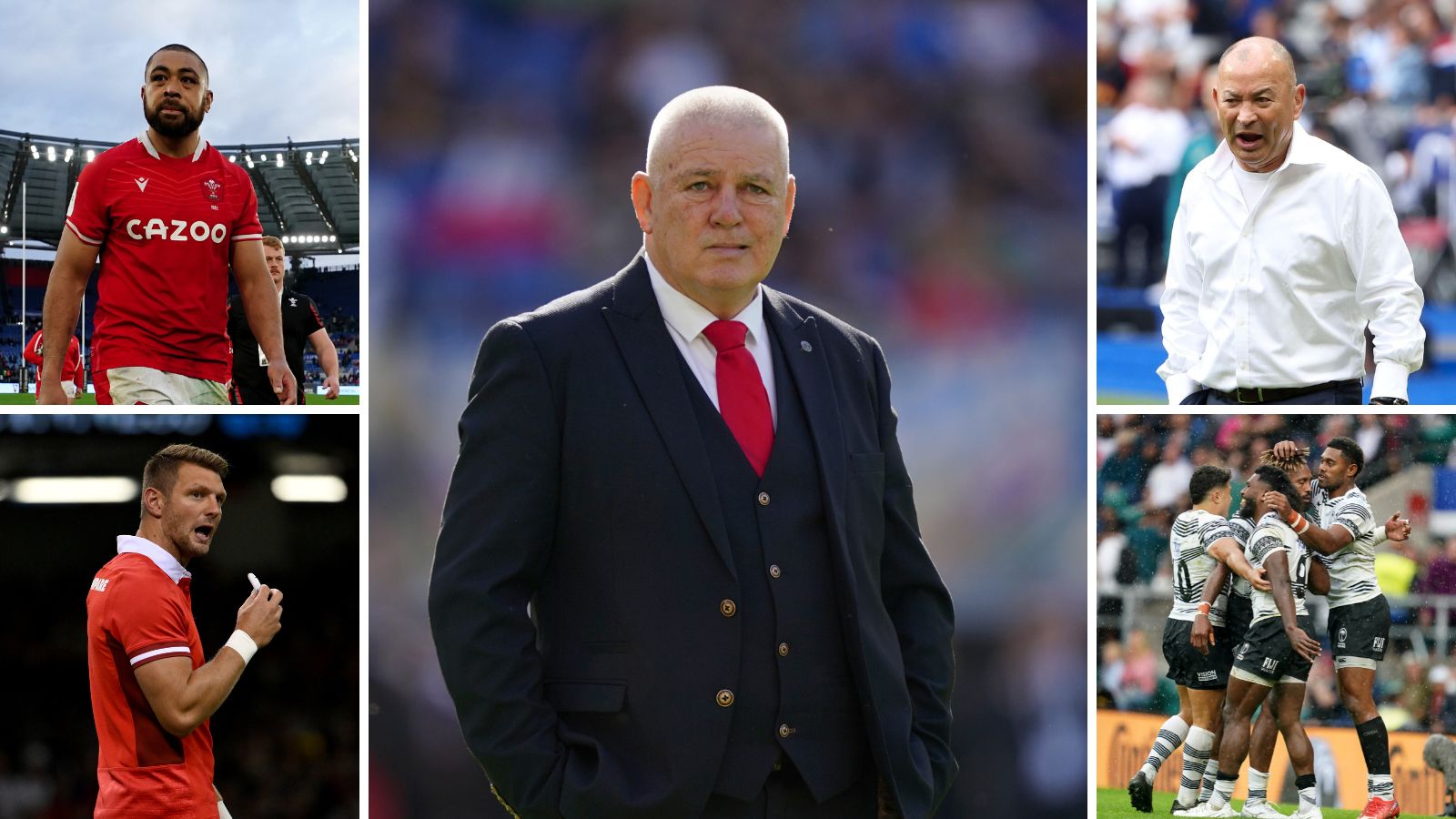 Wales back rower Taulupe Faletau and fly-half Dan Biggar, head coach Warren Gatland, Wallabies head coach Eddie Jones and Fiji players - Rugby World Cup