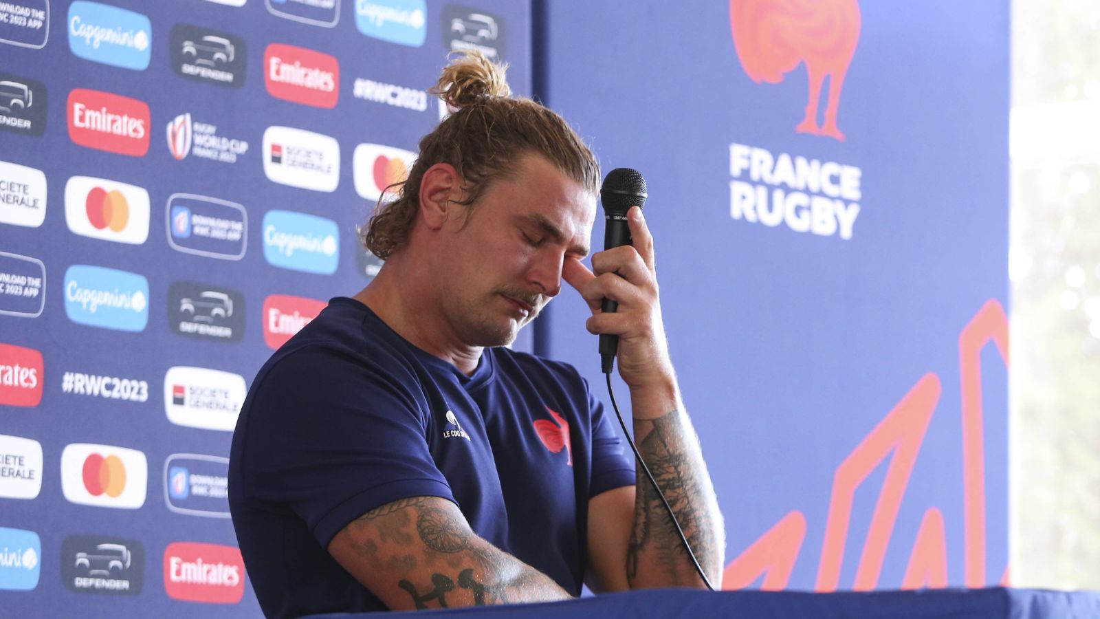 Bastien Chalureau breaksdown during France Rugby World Cup press conference
