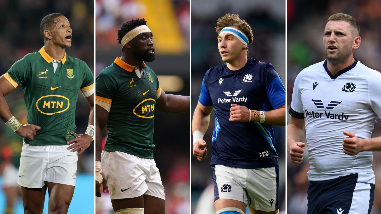 Springboks fly-half Manie Libbok, captain Siya Kolisi, Scotland skipper Jamie Ritchie and playmaker Finn Russell - Rugby World Cup