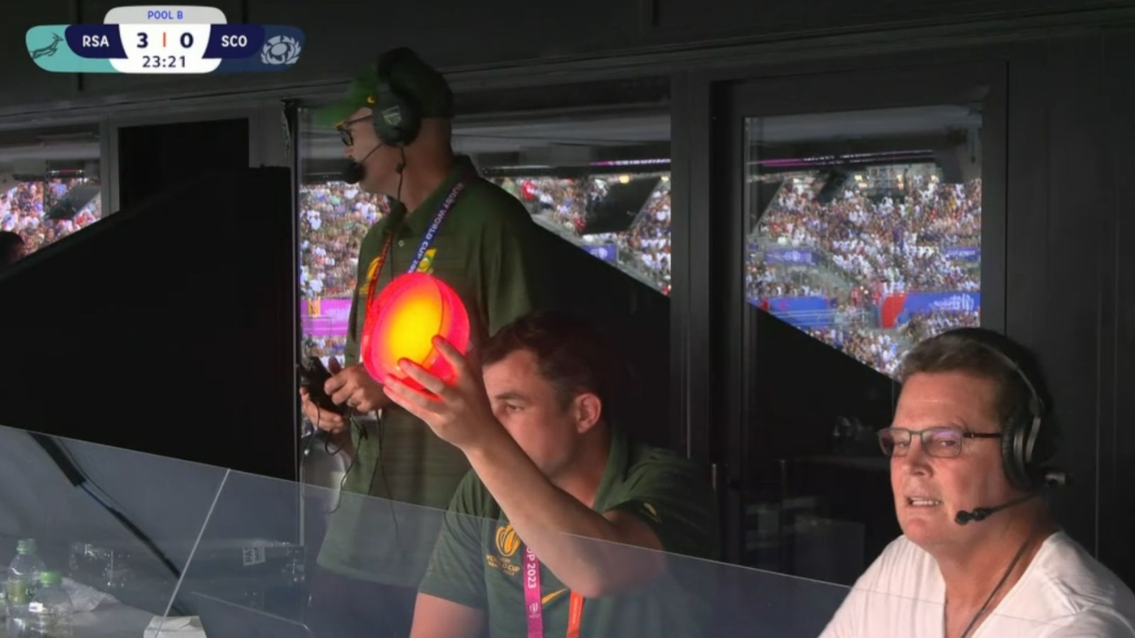 Springboks assistant coach Felix Jones signals for the South Africa players during the Rugby World Cup match with Scotland.