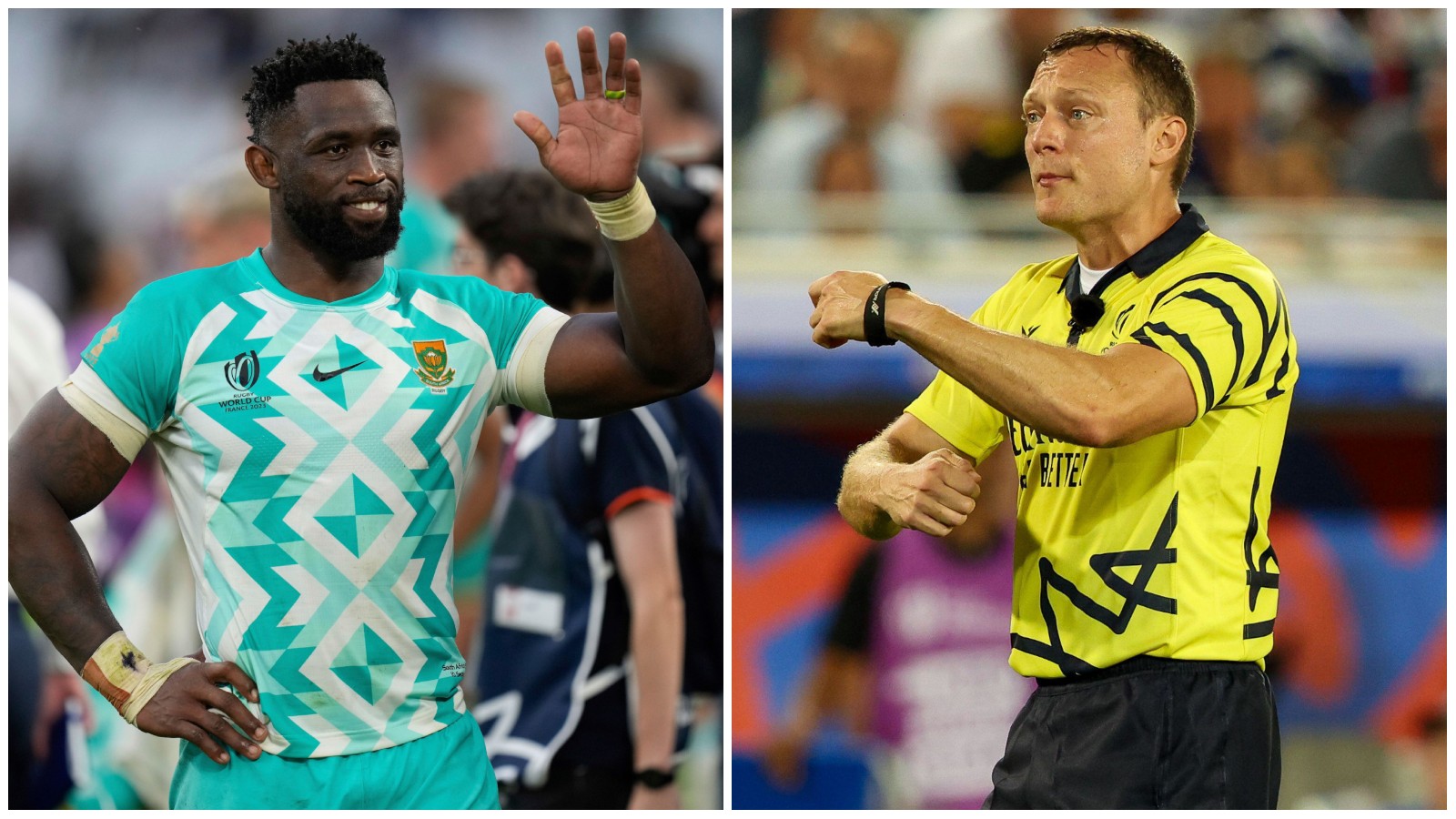 Springboks skipper Siya Kolisi in split picture with referee Matthew Carley.