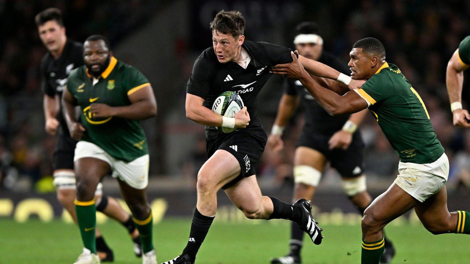 All Black Cam Roigard on the charge against Springboks.
