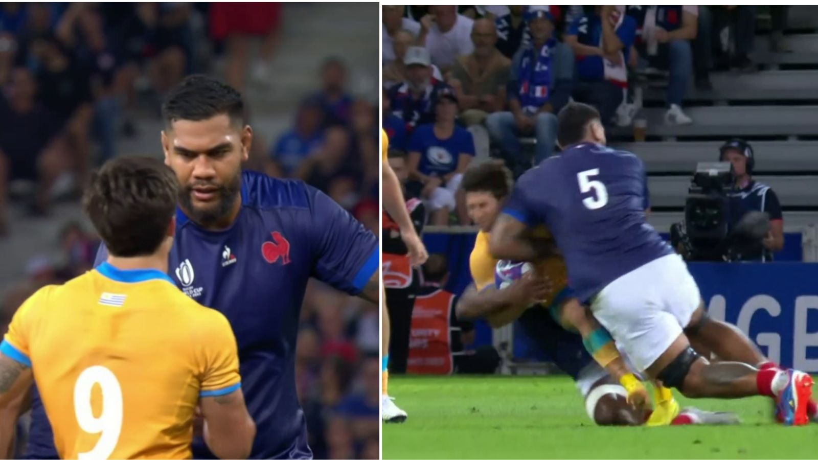 France lock Romain Taofifenua tackles Uruguay's Santiago Arata during the Rugby World Cup