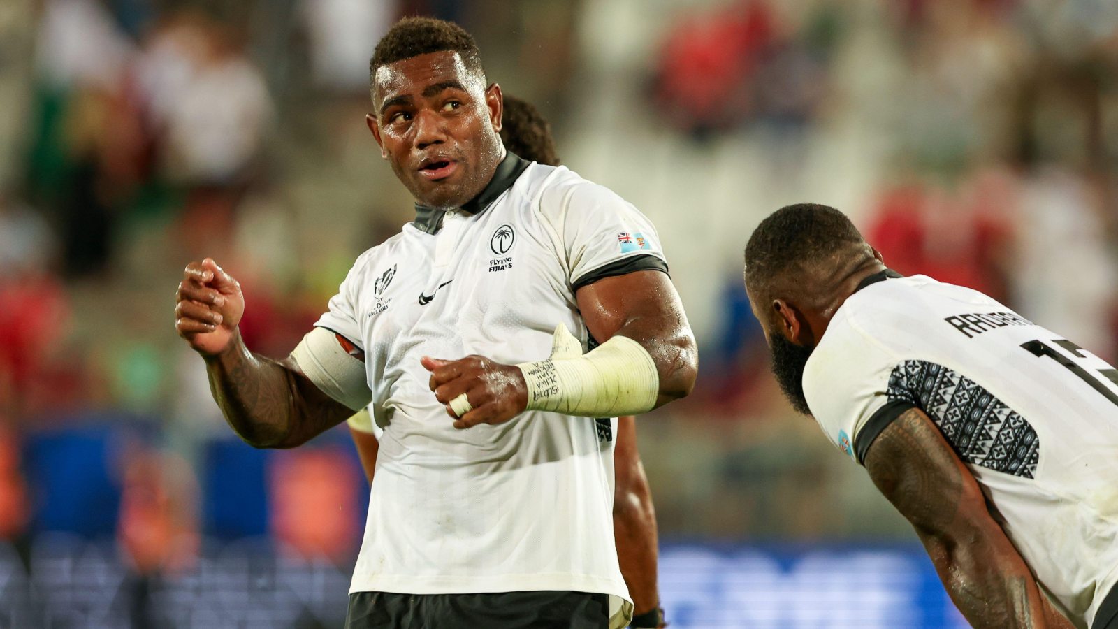 Fijian duo Josua Tuisova and Semi Radradra during a Test at the 2023 Rugby World Cup.