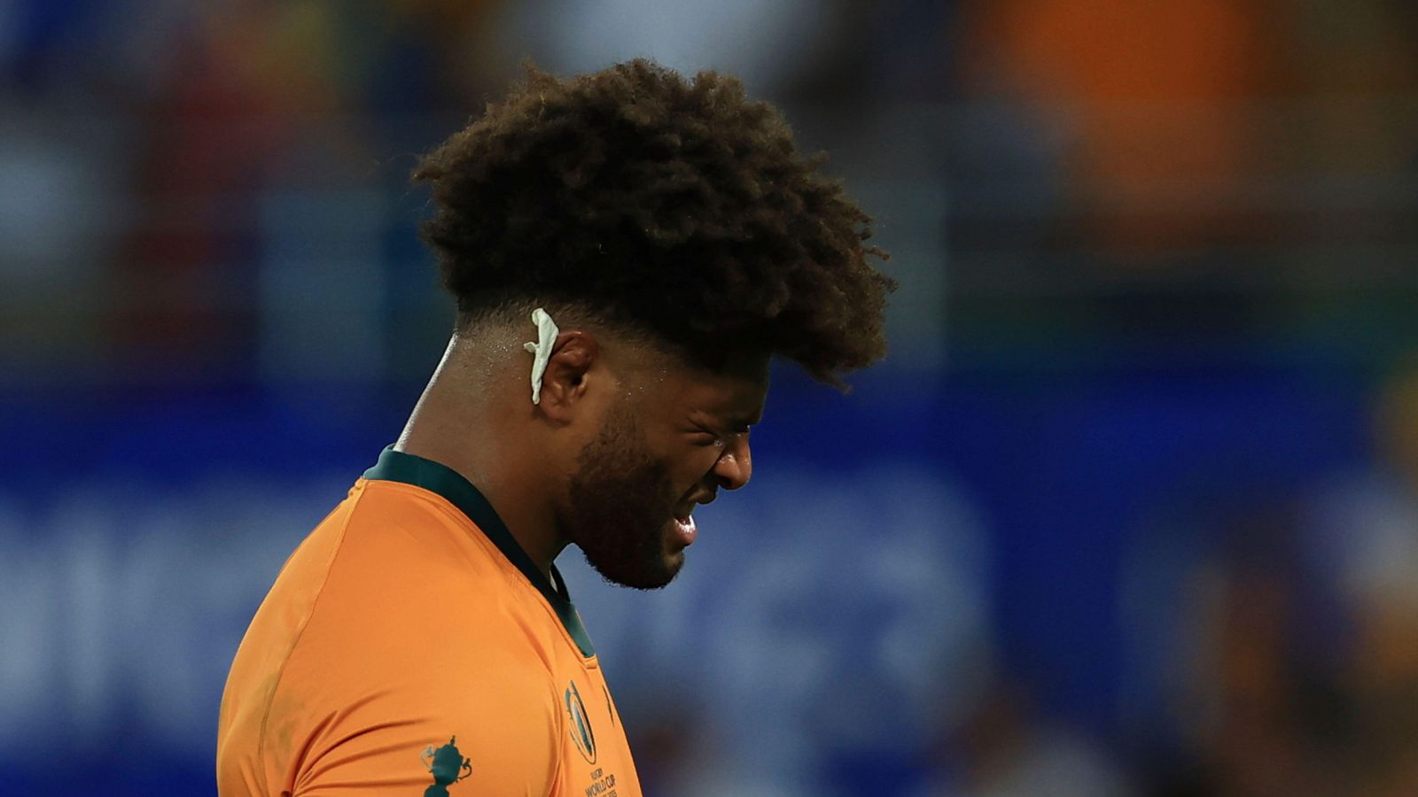 Australia's Rob Valetini reacts after the Rugby World Cup Pool C match between Australia and Fiji at the Stade Geoffroy Guichard in Saint-Etienne, France