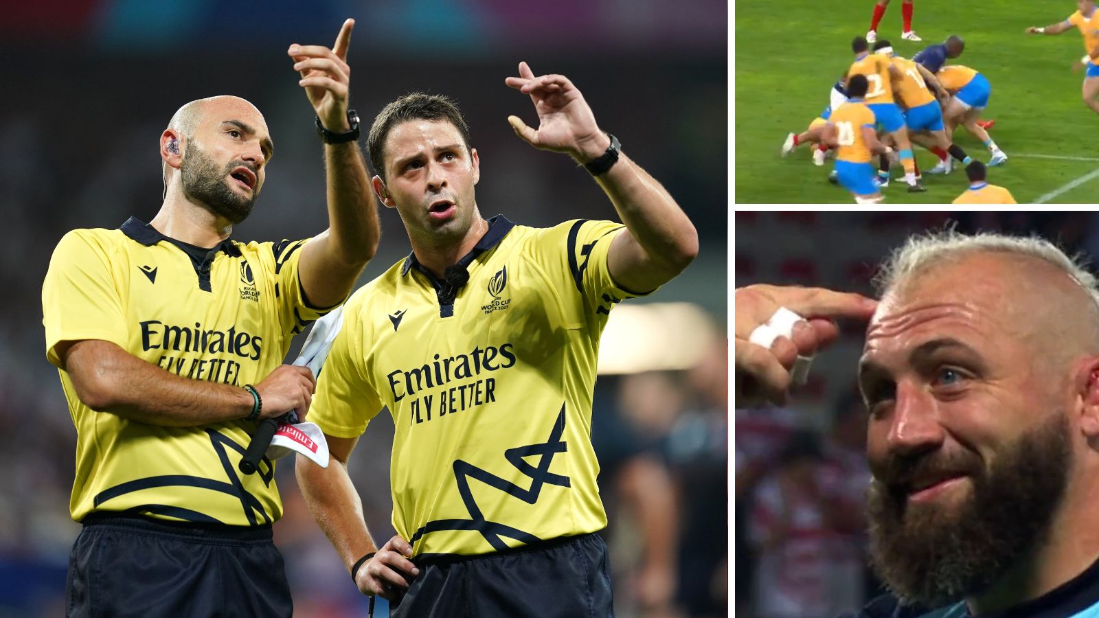 Rugby World Cup referee Nika Amashukeli, France flanker Seckou Macalou and England prop Joe Marler.