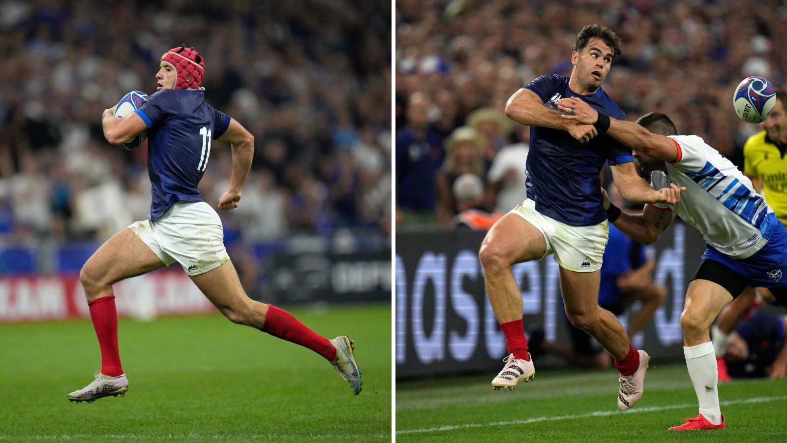 France wingers Louis Bielle-Biarrey and Damian Penaud in action against Namibia in the Rugby World Cup