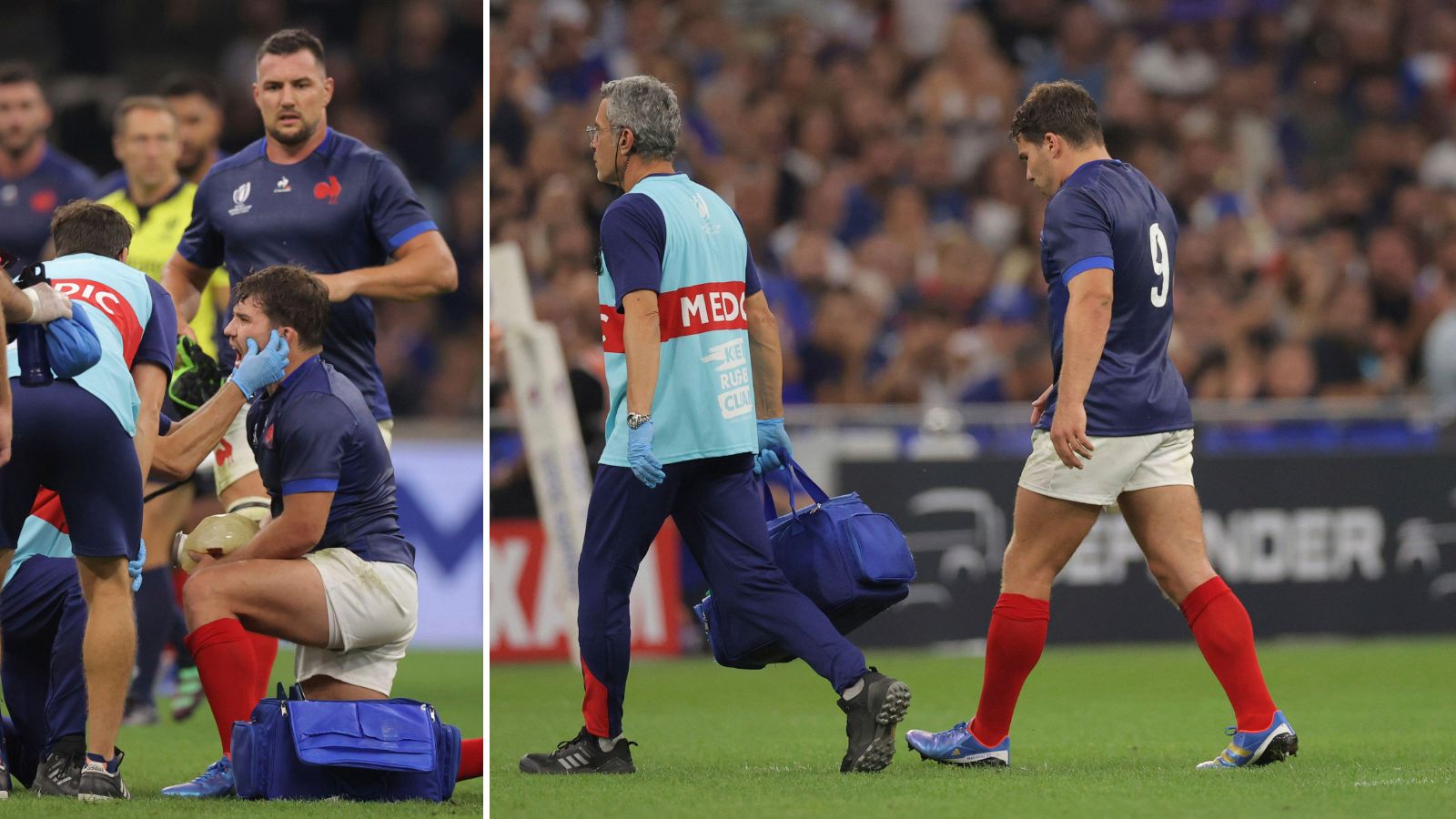 France's Antoine Dupont gets treatment and leaves the pitch in the second half of the Pool A match of the Rugby World Cup France 2023 at Stade de Marseille in Marseille