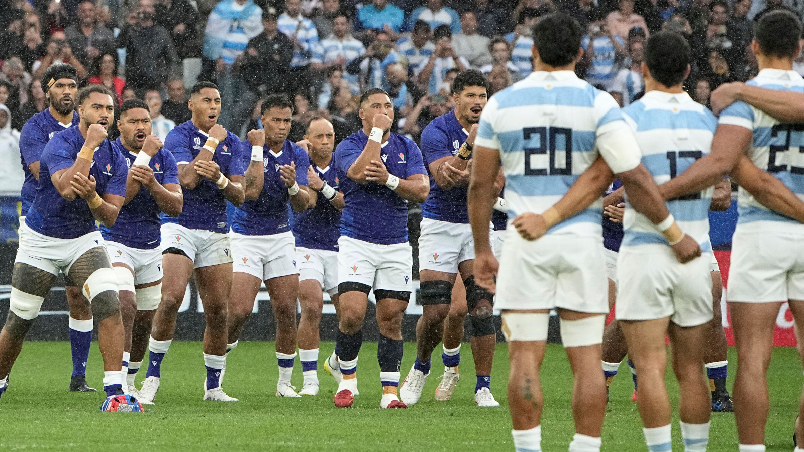 Samoa facing Argentina before Rugby World Cup game.