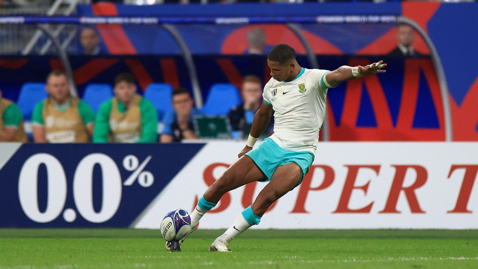 South Africa's Manie Libbok attempts a penalty kick during the Rugby World Cup Pool B match between South Africa and Ireland at the Stade de France in Saint-Denis