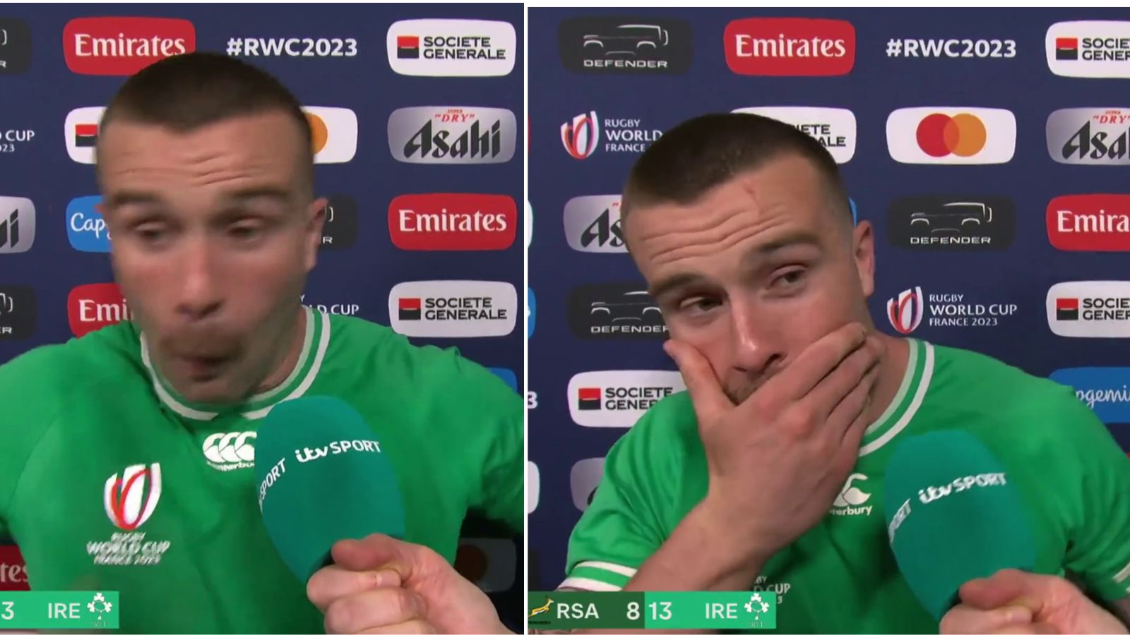 Ireland winger Mack Hansen during an ITV interview after the Rugby World Cup win over the Springboks