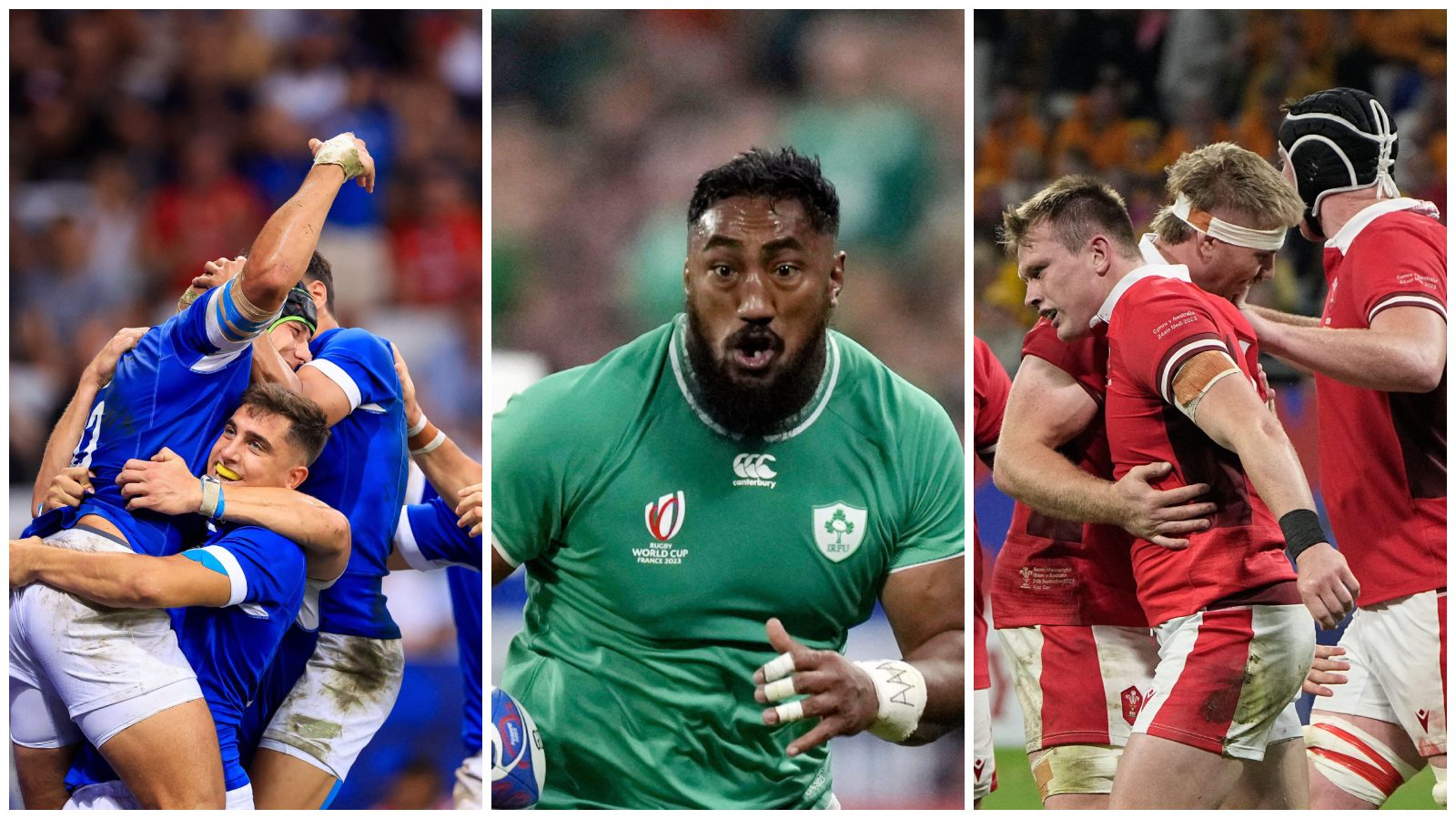 Split with Italy celebrating, Bundee Aki (Ireland) and Wales players