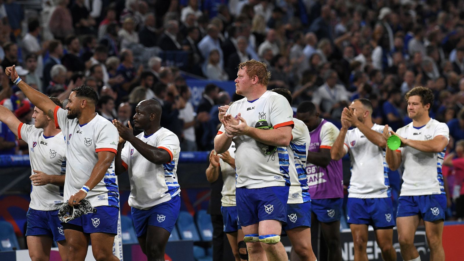 Players of Namibia during the Rugby union World Cup RWC 2023, Pool A match between France and Namibia at Stade Velodrome, Marseille