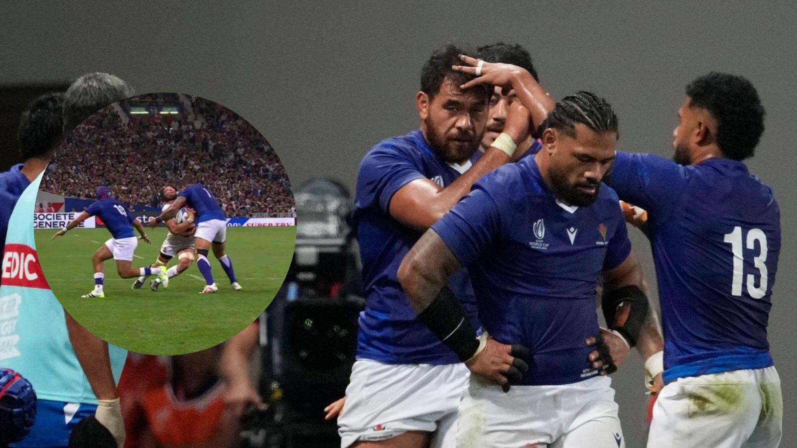 A cut out of Ben Lam's tackle which resulted in a red card and Samoa players Steven Luatua, Tumua Manu and Jordan Taufua