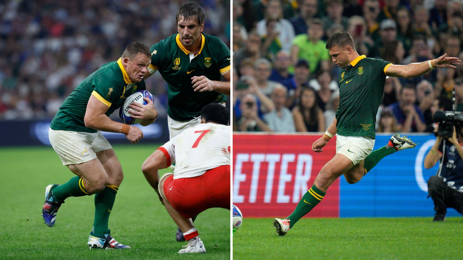 A split image with Springboks hooker Deon Fourie carrying the ball and South Africa's fly-half Handre Pollard kicking the ball during the Rugby World Cup match against Tonga.