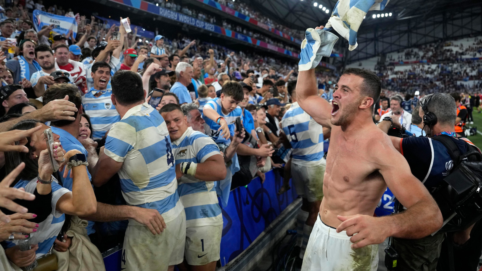 Argentina celebrate Rugby World Cup quarter-final win over Wales.