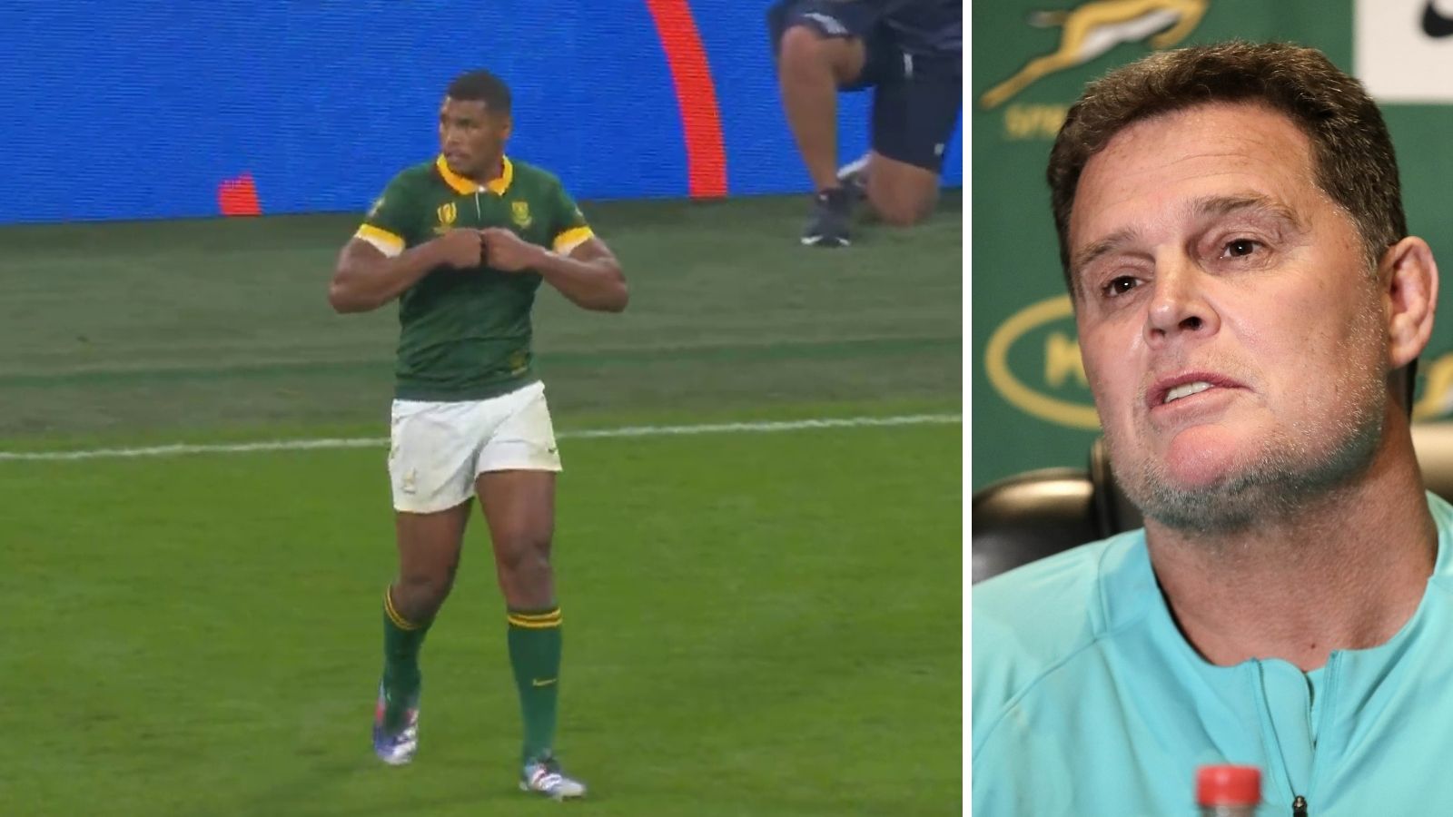 Springboks fullback Damian Willemse and South African Rugby director Rassie Erasmus - Rugby World Cup