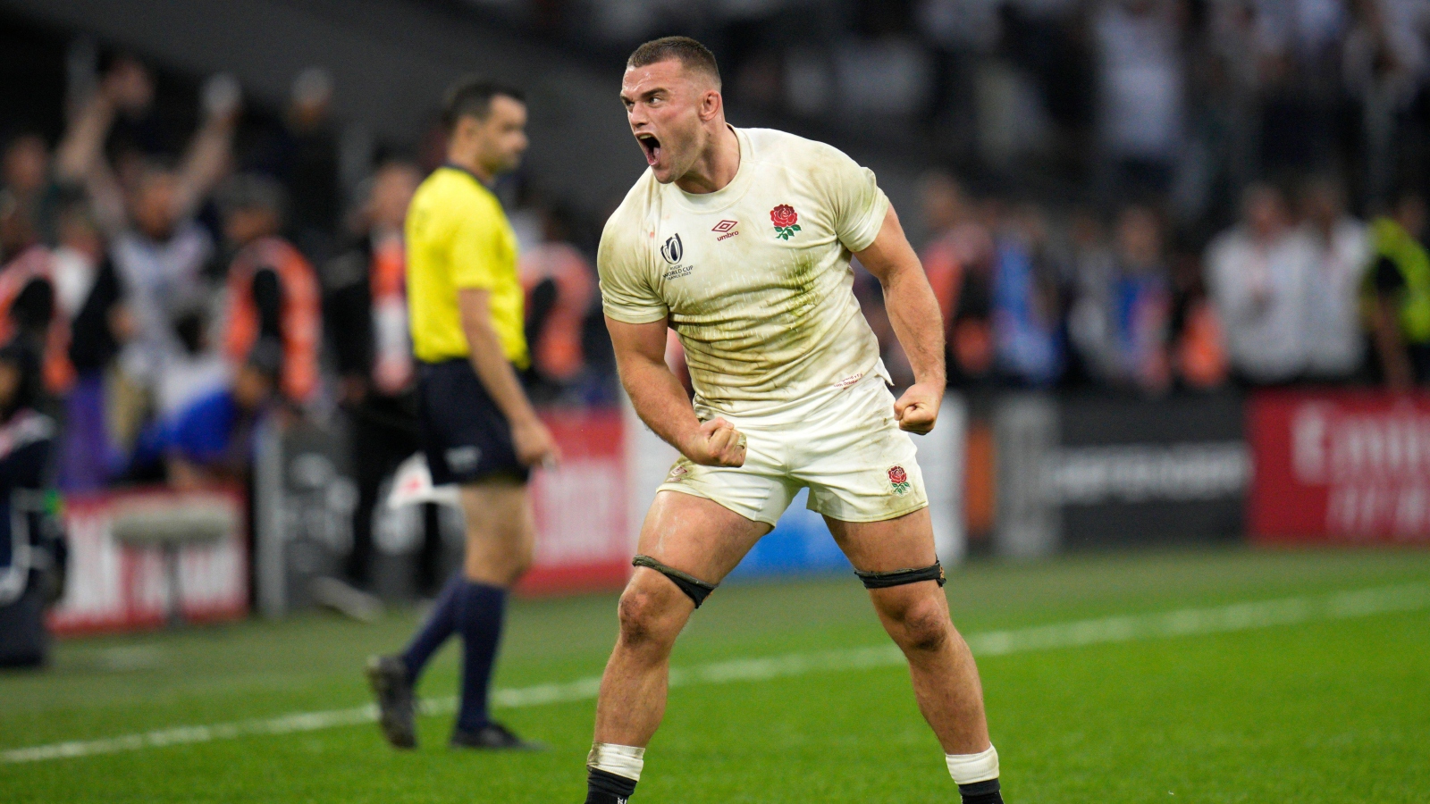 England number eight Ben Earl celebrates during a Test match.