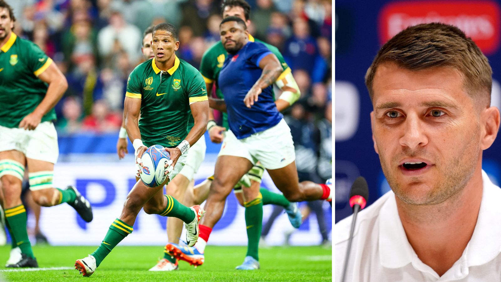Springboks flyhalf Manie Libbok and England attack coach Richard Wigglesworth