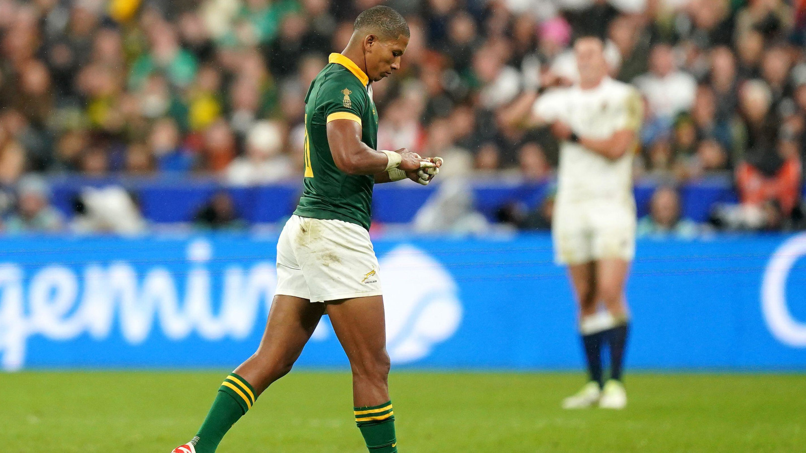 Springboks fly-half Manie Libbok being replaced during the 2023 Rugby World Cup semi-final.