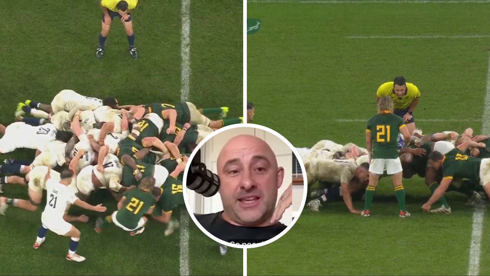 Screenshot from ITV's Rugby World Cup podcast and from the scrum between England and South Africa in the Rugby World Cup semi-final.