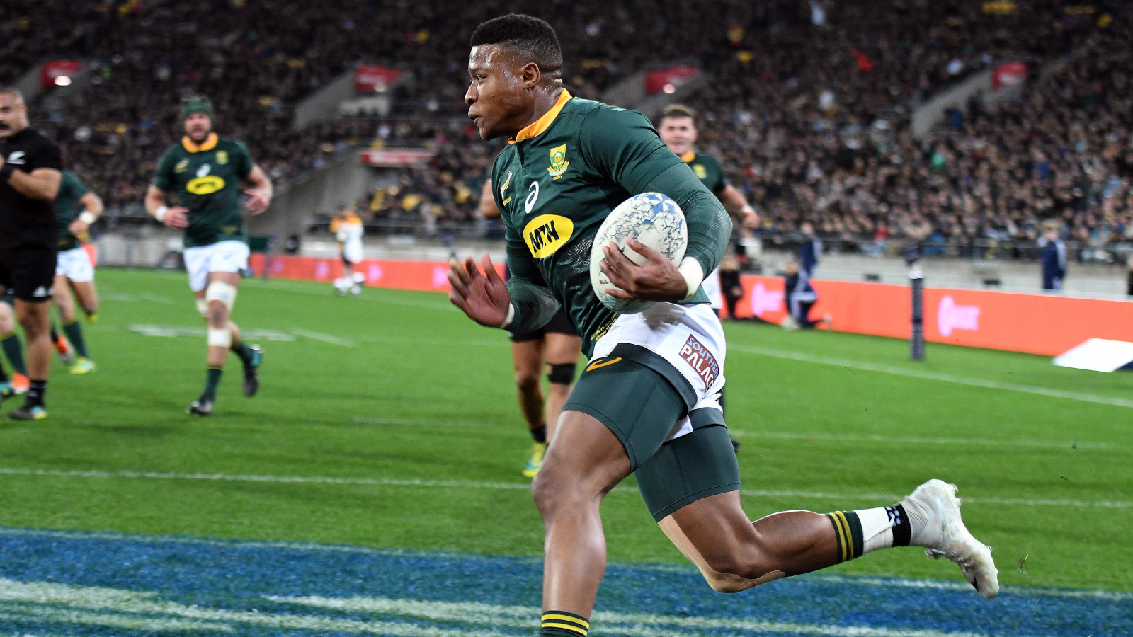 Aphiwe Dyantyi scoring for Springboks against All Blacks.