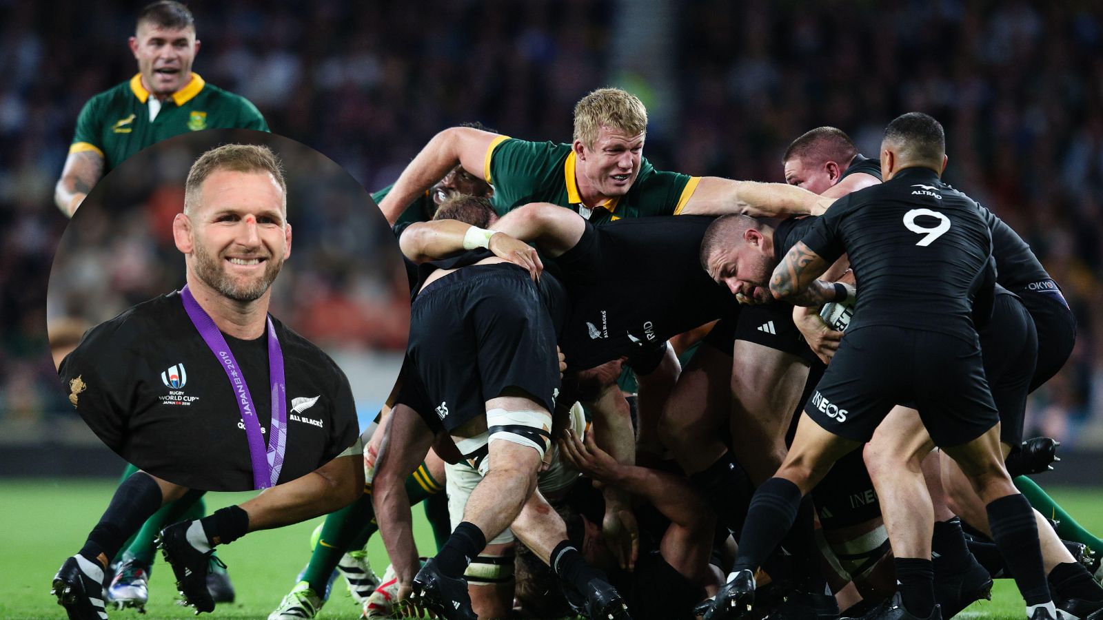 Former All Blacks captain Kieran Read and Springboks v New Zealand maul at Twickenham.