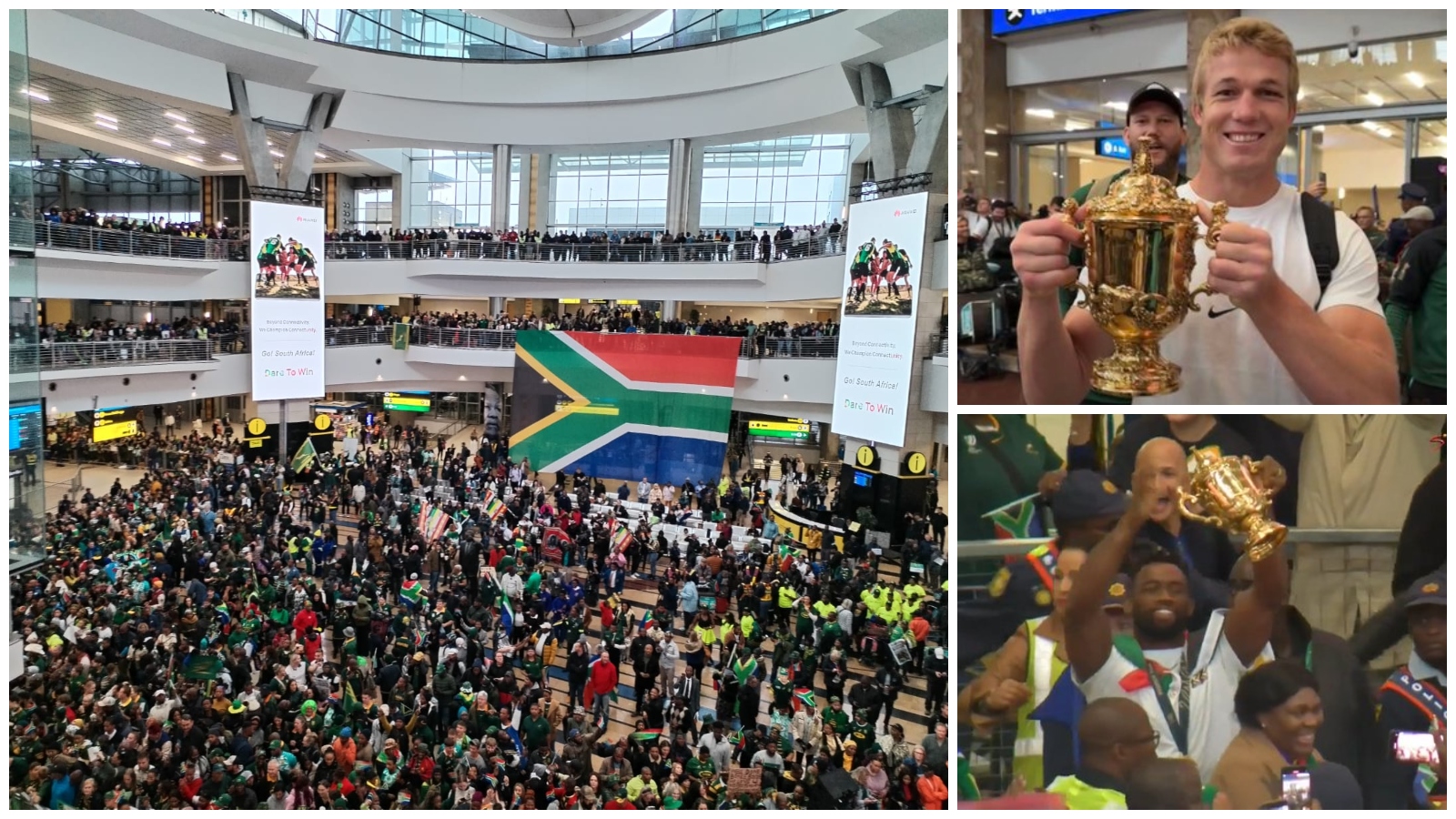 Fans gather in the OR Tambo airport split with Springboks Pieter-Steph du Toit and Siya Kolisi.