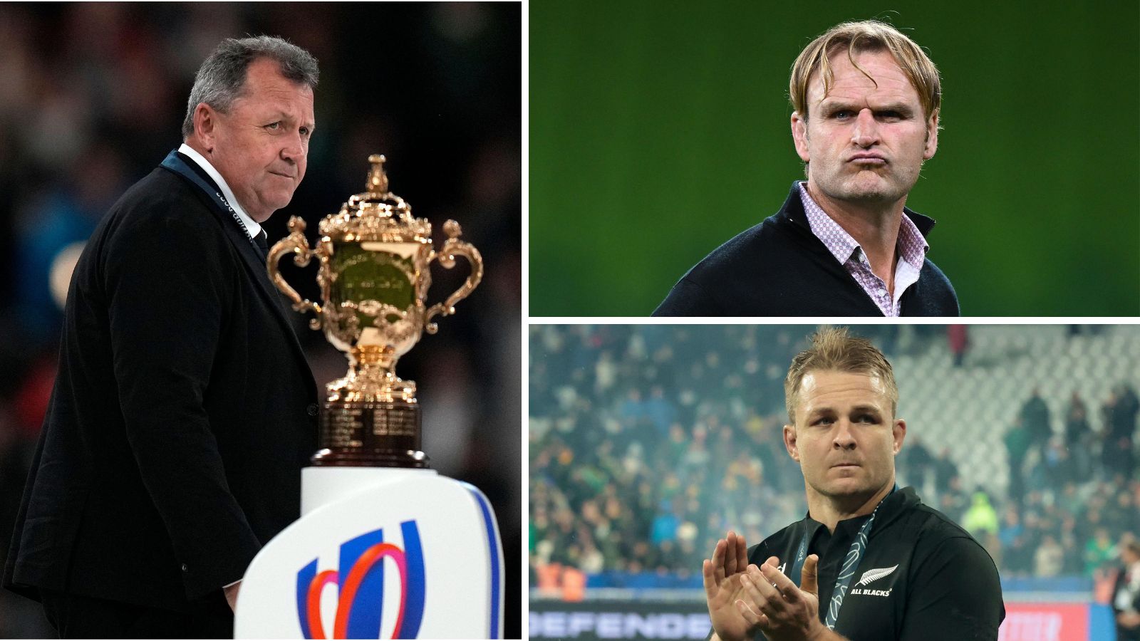 Former All Blacks head coach Ian Foster at the Rugby World Cup, incoming head coach Scott Robertson and Sam Cane.